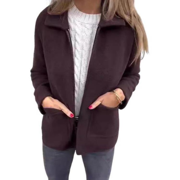Long Sleeved Women Jacket Turn Down Collar Loose Thermal Coat Solid Color Zipper Closure Pockets Commuting Dating Office Spring Fall Winter