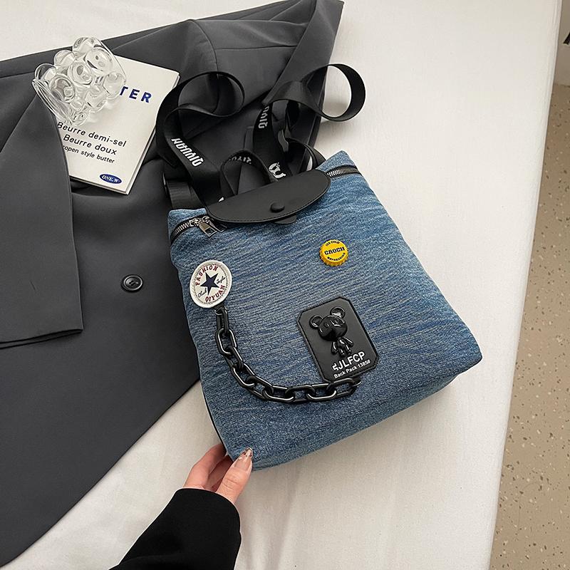 Denim Chain Small Backpack Women's Flip Bucket Bag Travel Backpack