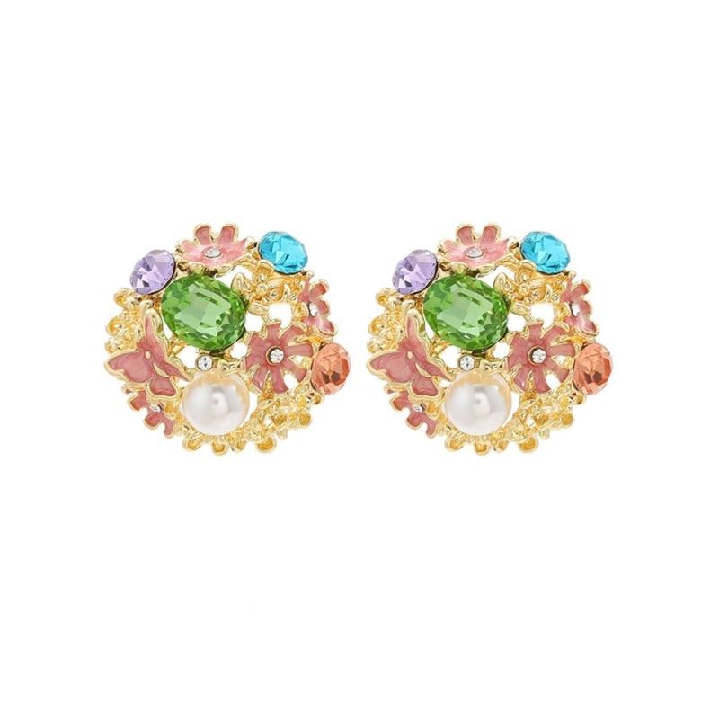 

Elegant Round Rhinestones Flower Studs Earrings For Women Featuring French Enamel Craft And Allergy Resistant Design зелёный