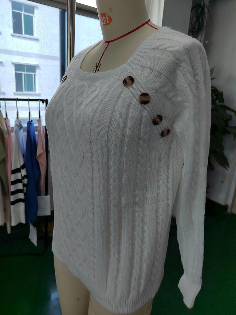 2024 Autumn/Winter Women's Casual Square Neck Button Cable Knit Sweater