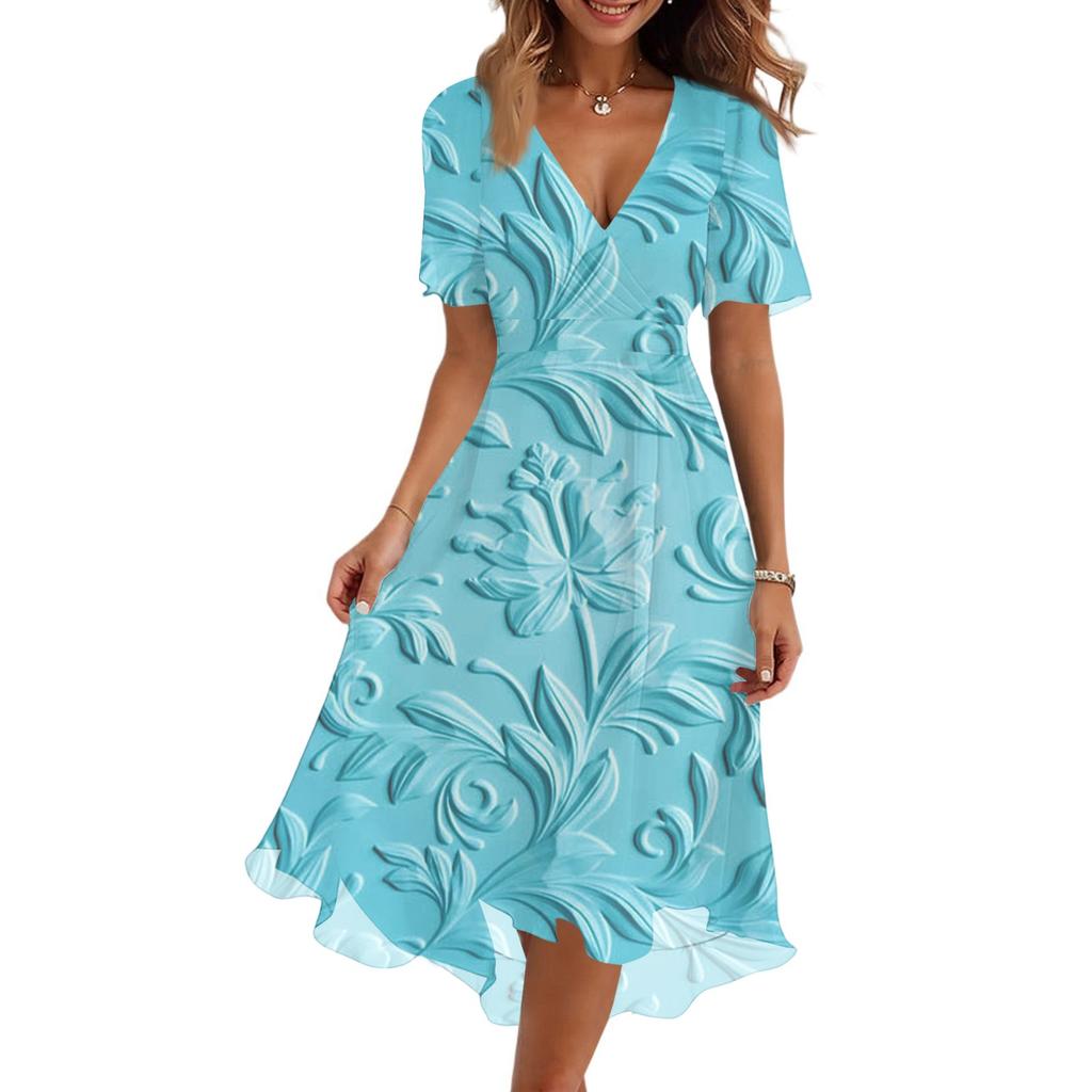 Women's Fashion Casual V-Neck Short Sleeve Floral Print Dress