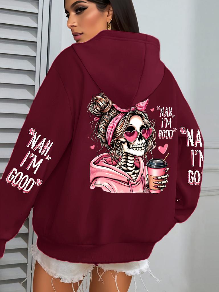 Felpa con Cappuccio da Donna I'M Good Coffee Teschio Stampa Divertente Felpa Larga da Jogging Pile Autunno Abbigliamento Sportivo Casual Y2K Unisex con Cappuccio