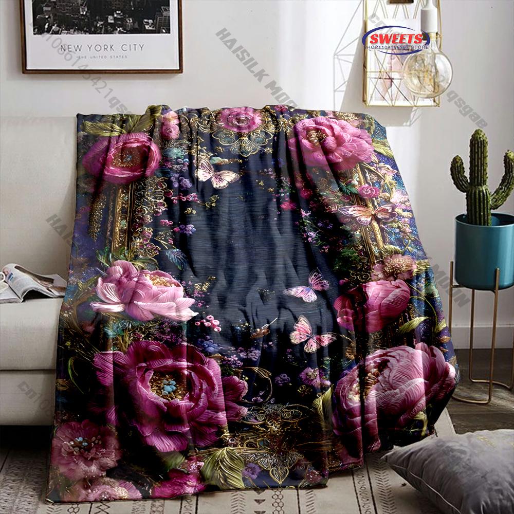 

Beautiful Gilded Florals Theme Flannel Blanket for Couch Bed Living Room Sofa, Decorative Patterned Super Soft Cozy, Great Gifts 75x90cm