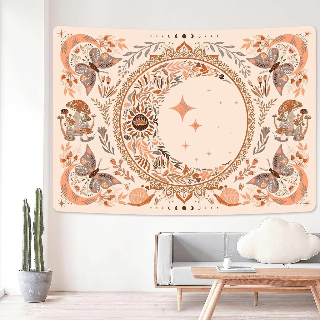 1 Bohemian Chic Vintage Tapestry with Flowers, Butterflies, Moon and Stars Pattern - Pink Mandala Wall Hanging for Bedroom