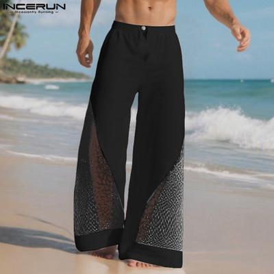 Men Zip-up Waist Hollow Mesh Hem Patchwork Long Pants Trousers