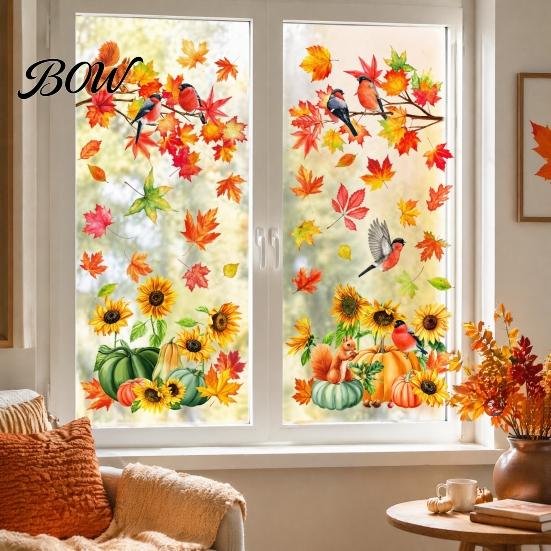 Seasonal Store Window Decorations Autumn Harvest Decals, Sunflower Maple Leaf Pumpkin Bird Static Cling Stickers, No Glue Glass Decals Reusable