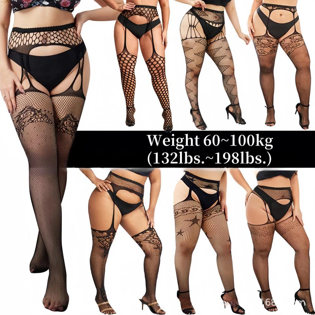 Plus Size Women Suspender Garter Stockings Fishnet Pantyhose Lingerie Over Knee Thigh High Sexy Panty Lace Socks 5Xxxxl