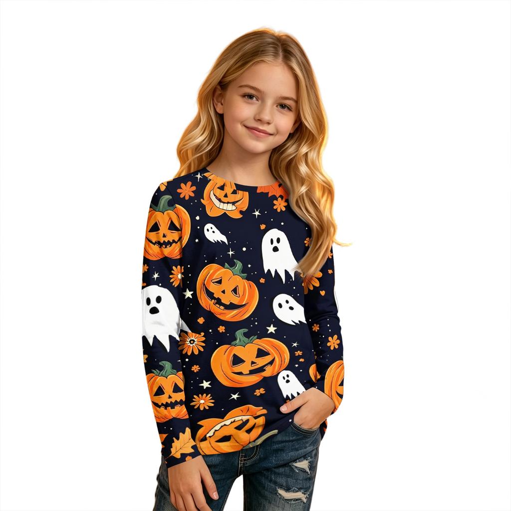 Children's Halloween Print Long Sleeve Neck T-Shirt for Boys Girls