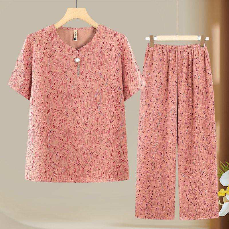 

Summer Ice Silk Suit for Women: Short Sleeves & Plus Sizes for Middle-Aged and Elderly Ladies. 6XL [155-165 lbs]
