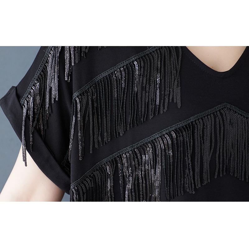 Dimanaf New 2025 Plus Size Summer Dress Women Black Vintage Casual V-Neck Dress Loose Dress Maxi