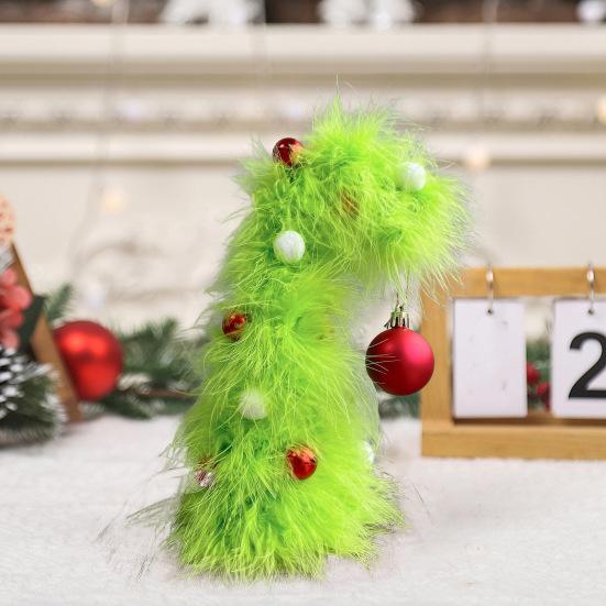 2 Pcs Green Furry Christmas Tree Faux Fur Plush Christmas Tree Tabletop Centerpiece with Red Xmas Ball for Home Party Holiday Decor