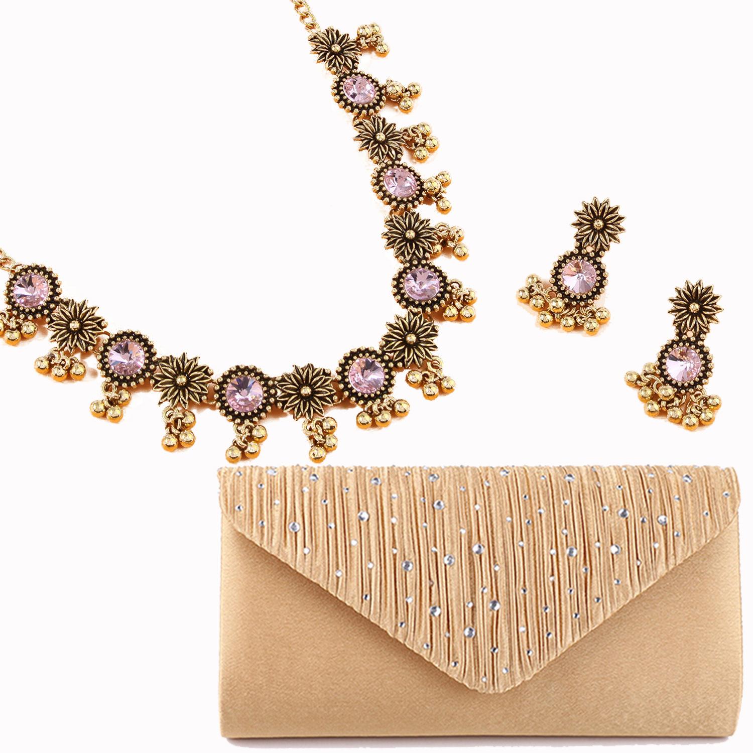

Модное ретро маленькое ожерелье с цветком ромашки, цветные драгоценные камни, темпераментные серьги-цепочки на шею, женская сумочка, набор из трех предметов розовый