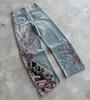 Pantalones vaqueros unisex estilo gótico Y2K con bordado de flores de cerezo para hombre y mujer, estilo streetwear, pierna ancha, estilo holgado.