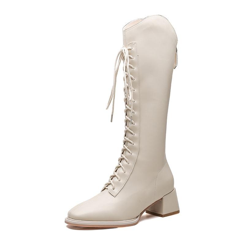 High-heeled Boots Women's Autumn and Winter New Square-headed Knight Boots Thick-heeled Boots Women's Lace-up High Boots Children