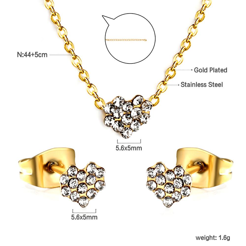 Fashion Versatile Sticky Diamond Jewelry Small Fresh Crown Heart Pendant Necklace Small Earrings Stainless Steel Jewelry Set Women