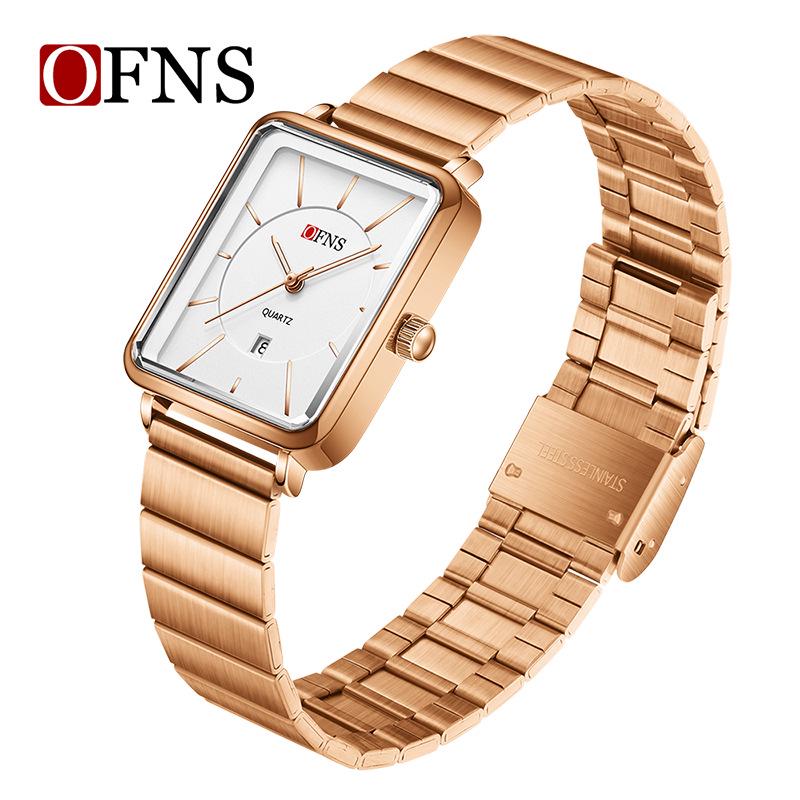 OFNS Women's Retro Square Watch – French Design, Simple Bar Markers, Business Style, Calendar, Waterproof, Quartz Movement.