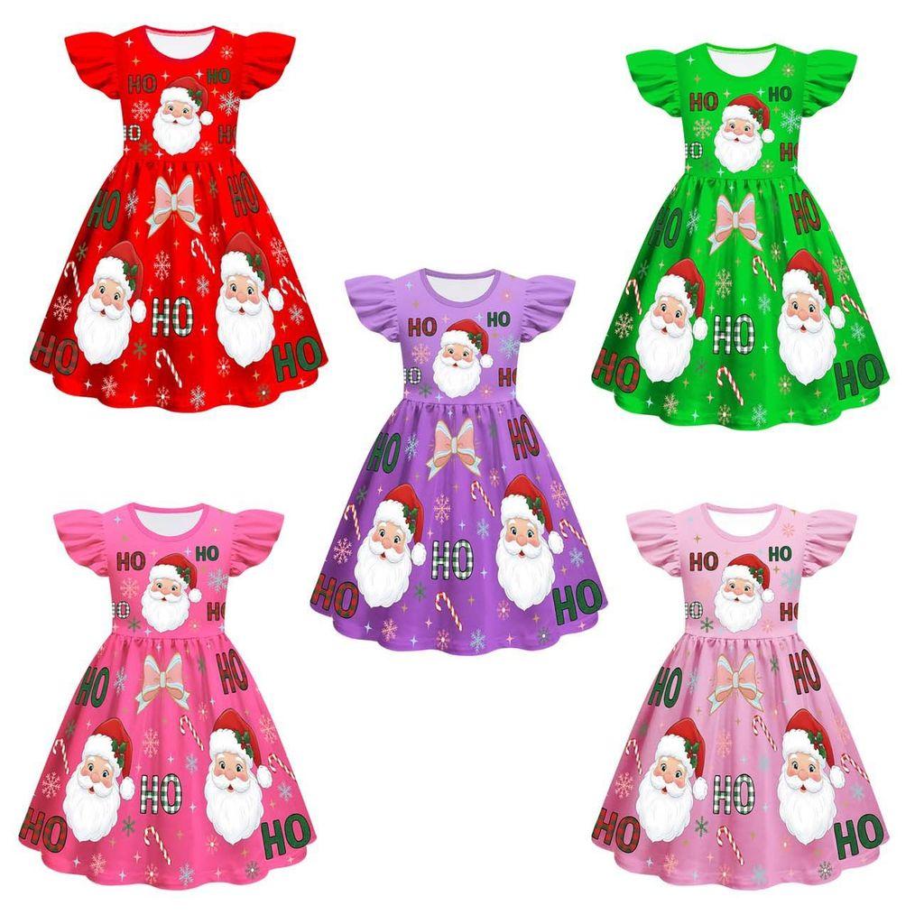 Kids Girls Cartoon Santa Claus Christmas Tree Elk Print Ruffle Sleevess New Year Dress