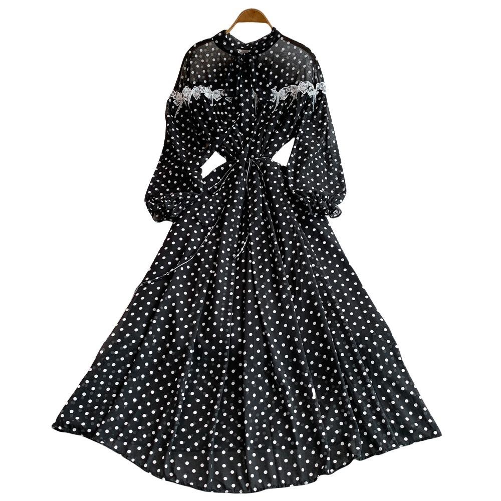 Women's Lace Bow Lantern Sleeve Dress A Summer Waist-cinching and Slimming Dress