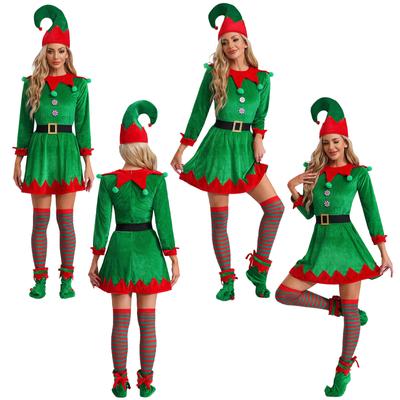 5Pcs Women Elf Costume Christmas Santa Helper Cosplay Set Velvet Outfit Dress for Xmas Party