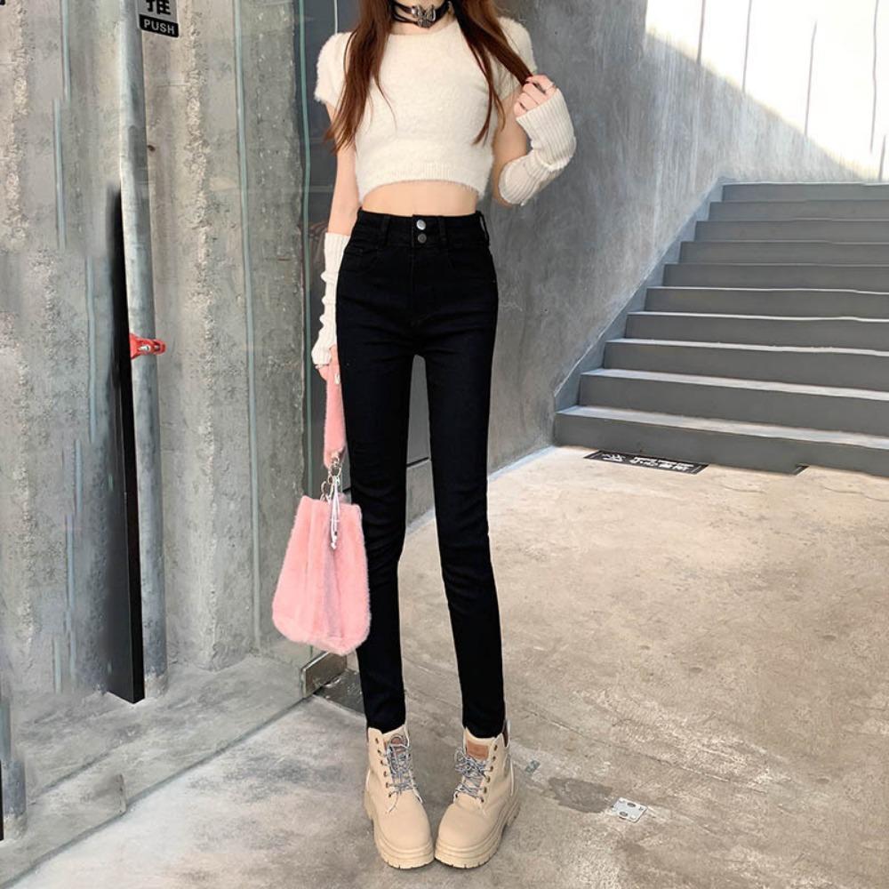 Xiaoxiangfeng high-waisted elastic double-buckle pencil jeans women's 2025 autumn and winter new thin jeans