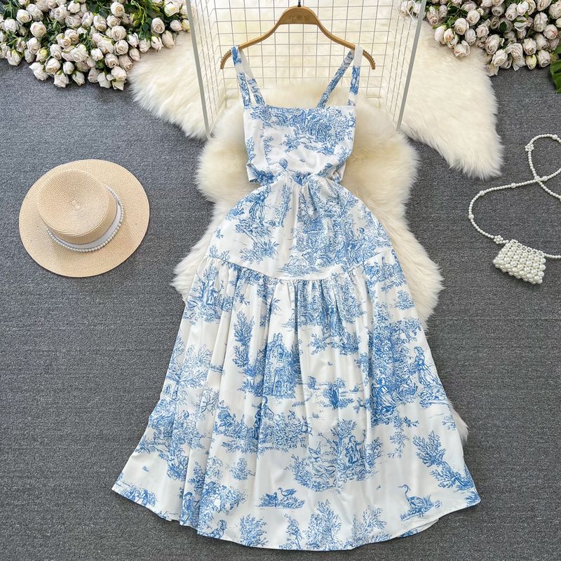 

Retro A- line Open Back Seaside Vacation Sling Dress Blue S