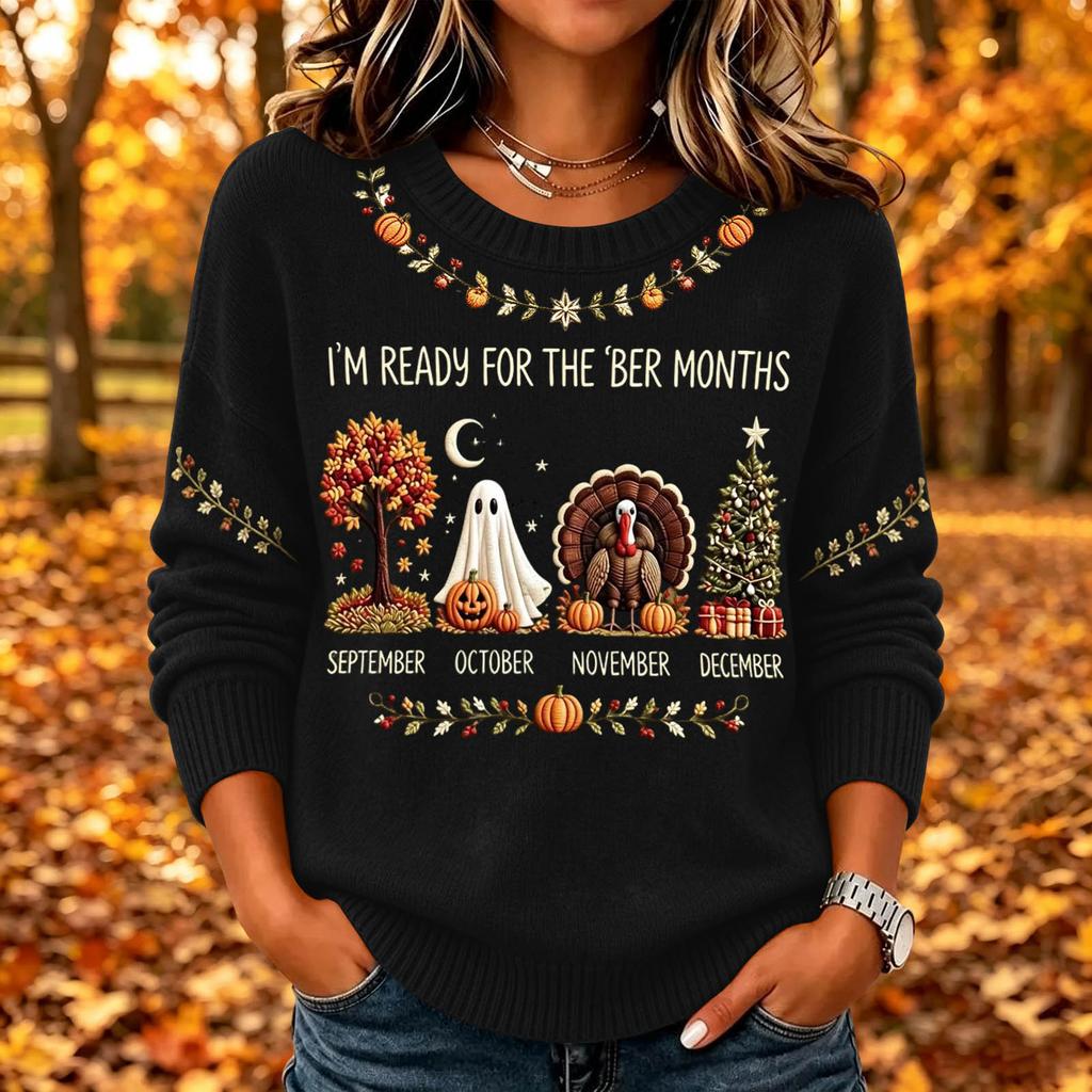 Women's Casual Long Sleeve Printed Crewneck Knit Top for Everyday Wear and Outings