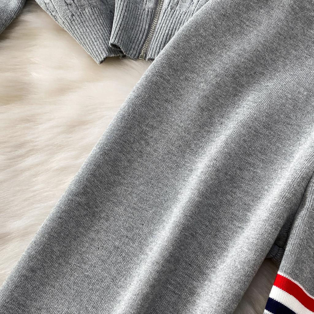 Faionable Knitted Embroidered Striped Set High Waist Wide Leg Pants Zipper Jaet for Women Autumn Season Casual Wear