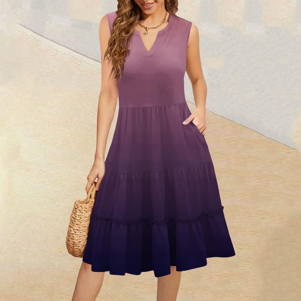Women's Summer V-Neck Casual Pleated Ruffle Gradient Sleeveless Dresses