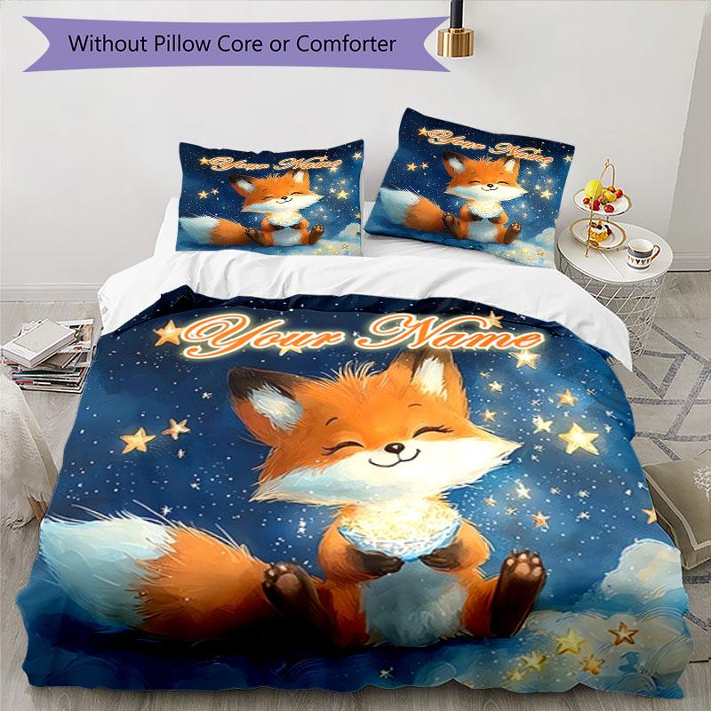 3PC Custom Name Fox Stars Bedding Set Duvet Cover Closure Includes 1 Duvet Cover & 2 Pillowcases for Bedroom