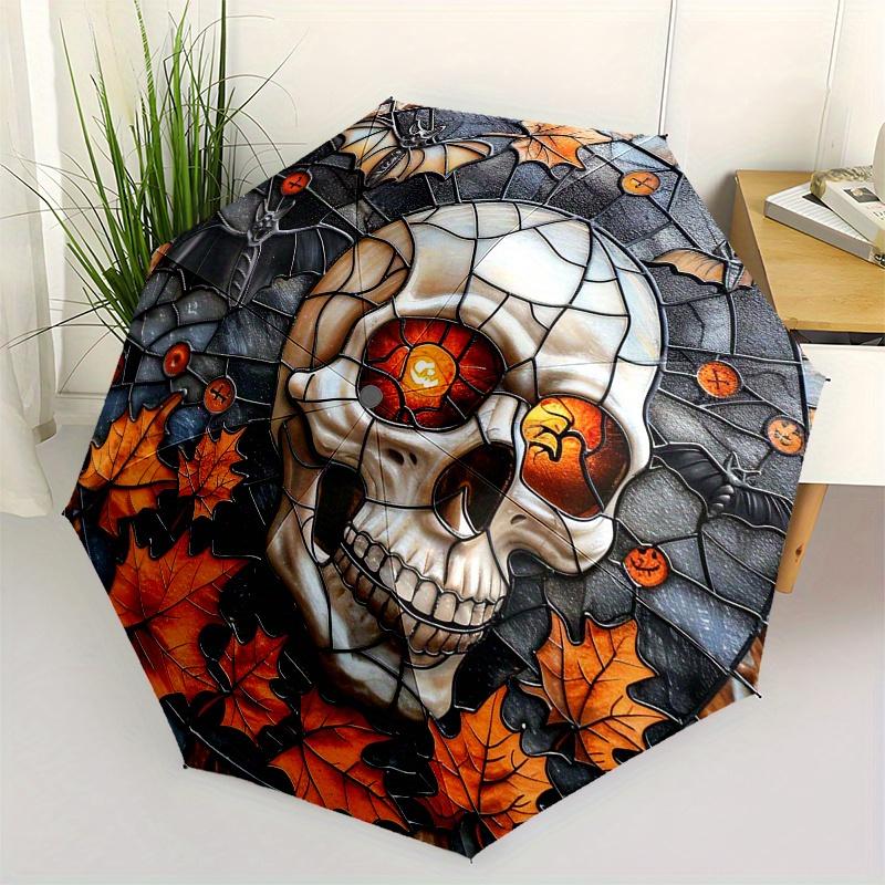 

Halloween Skull Stained Window PanelUmbrella, Portable 3-Fold Compact Umbrella for Men & Women Gift