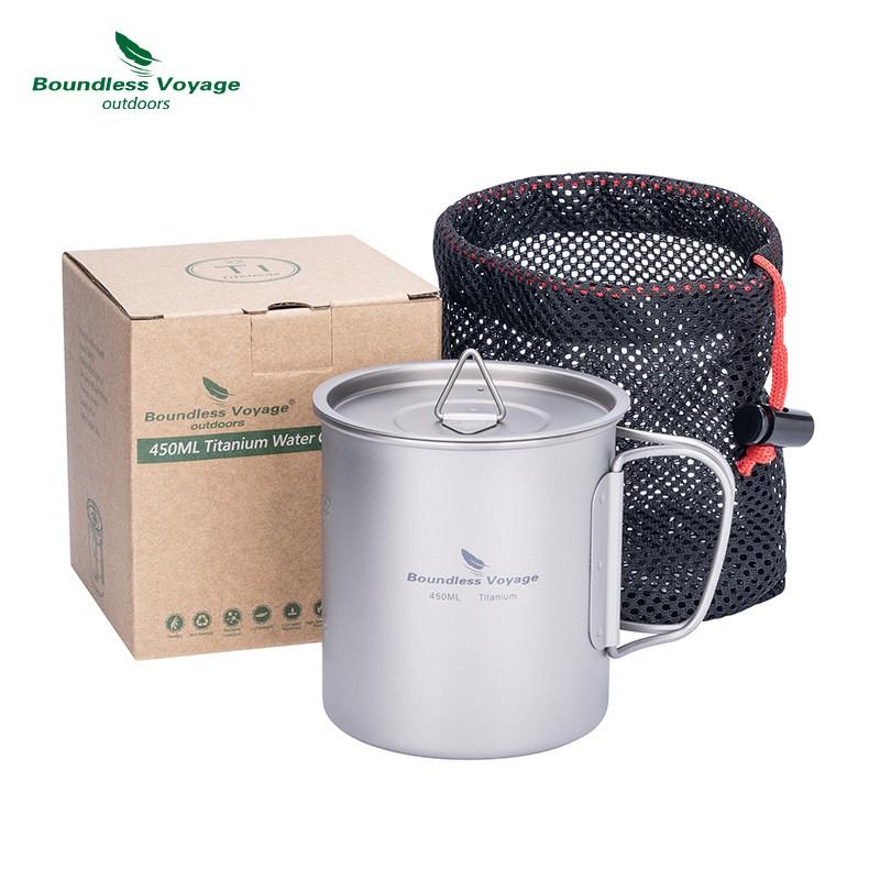 Pure Titanium Camping Cup With Foldable Handle Lid Portable Outdoor Water Bottle Hiking Coffee Tea Boiling
