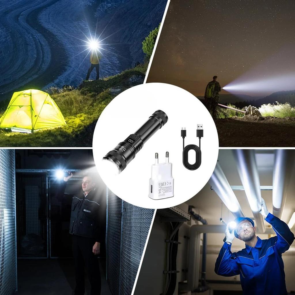 High Strong Power Led Flashlights 2000LM Tactical Torch with Display Light USB Charging Camping Fishing Emergency Zoom Lantern