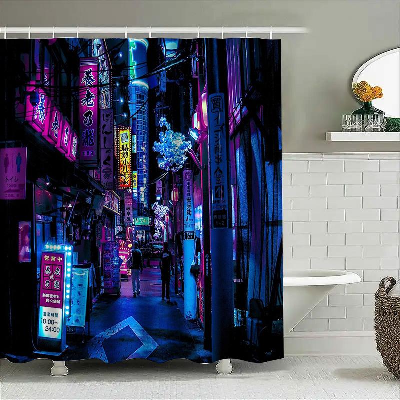 Japanese Tokyo Night City Shower Curtain Anime Streetscape Bathroom Decor Modern Aesthetic Vaporwave Wall Art Backdrop