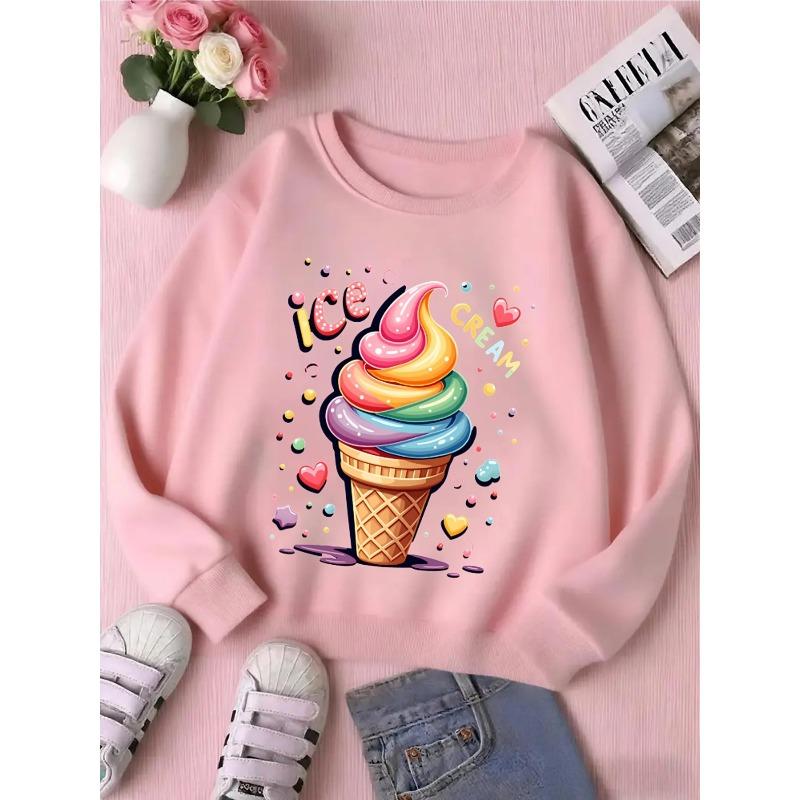 European Sizes Kids' Round-neck Hoodie - Colorful Swirl Ice Cream Cone Pattern , Sportswear And Casual Wear, Soft And Comfortable
