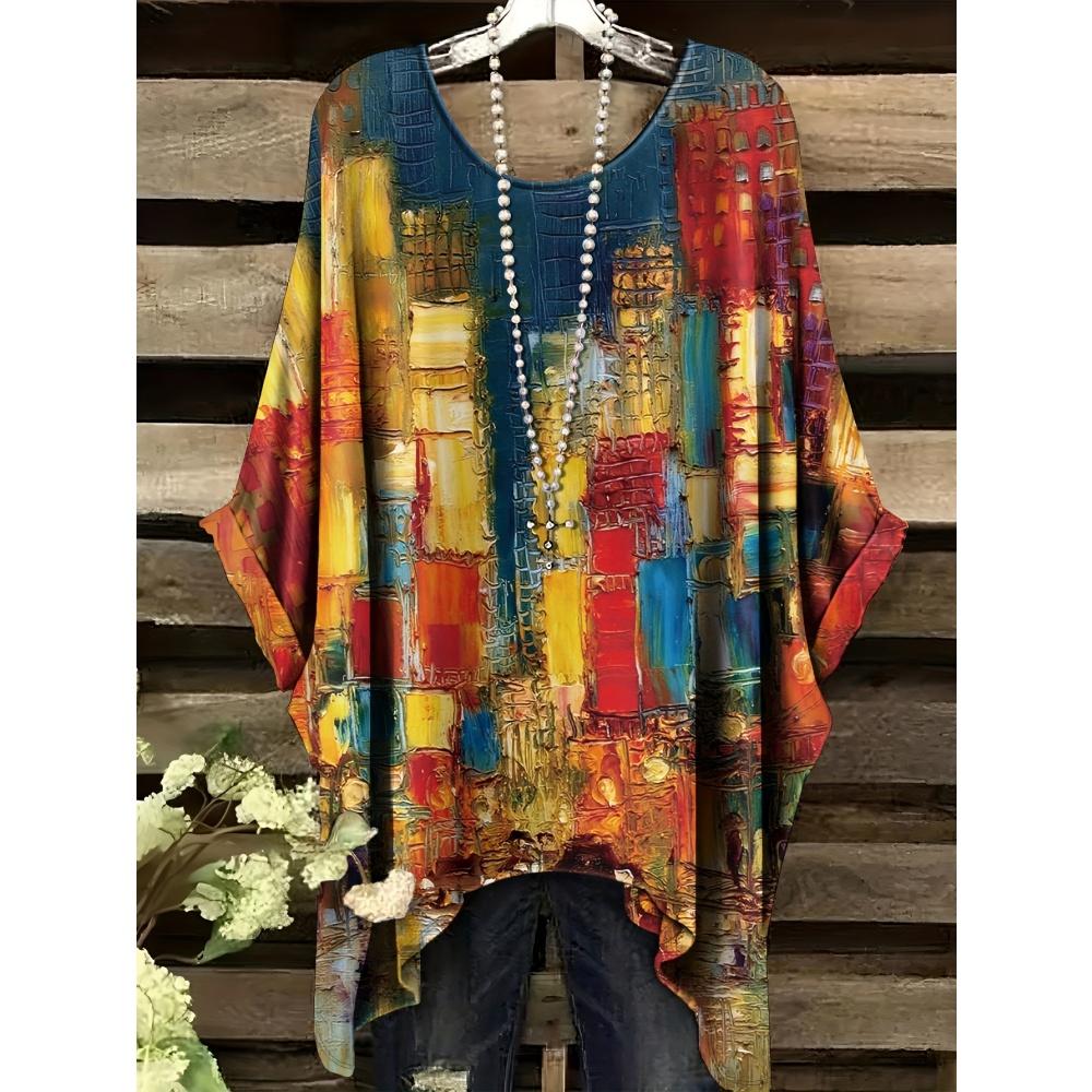 Camiseta vintage para mujer con estampado de rayas a cuadros, dobladillo asimétrico, cuello redondo, manga corta, estilo casual, para uso urbano y al aire libre.