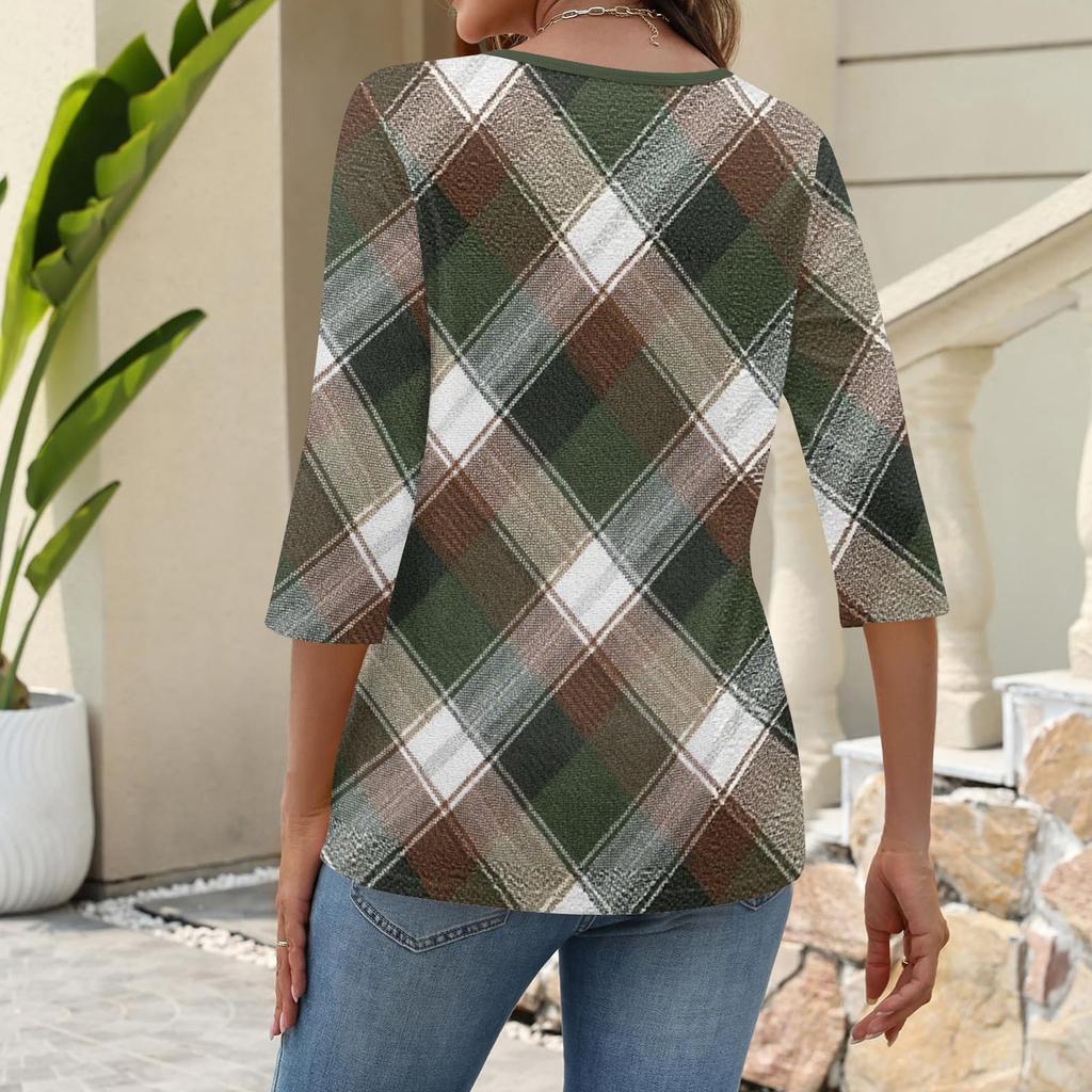 Women's Fashionable Casual Three Quarter Sleeve Printed Collar Pullover Top