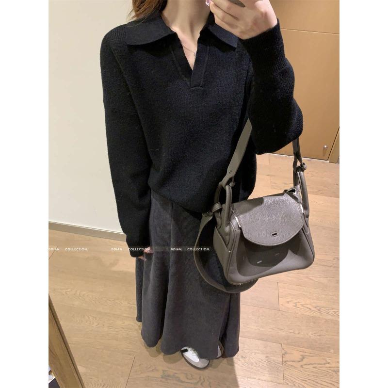 Solid color polo lapel top spring slack soft waxy and thin bottoming shirt with knitted sweater inside women