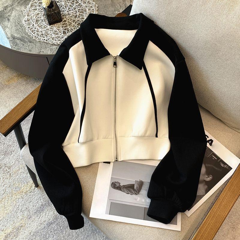 Casual Sweatshirt Cardigan Jacket Autumn Dress Women's Retro Fashion Age Reduction Contrast Long Sleeve Top Tide