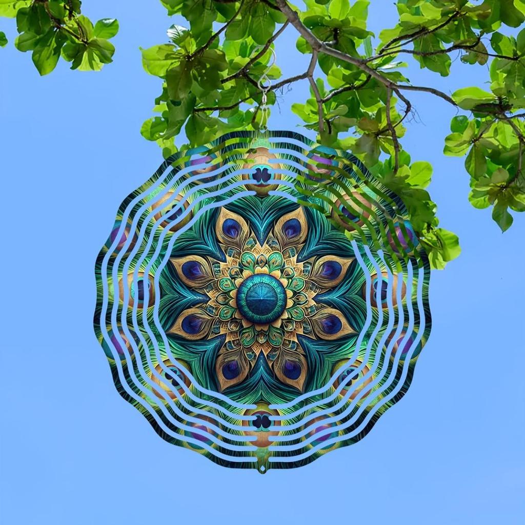 10palcový 3D laserem vyřezávaný kovový větrník Geometrický design pávího pera 360° otočný háček Venkovní Vnitřní zahradní dekorace Dárek na kolaudaci pro ženy muže