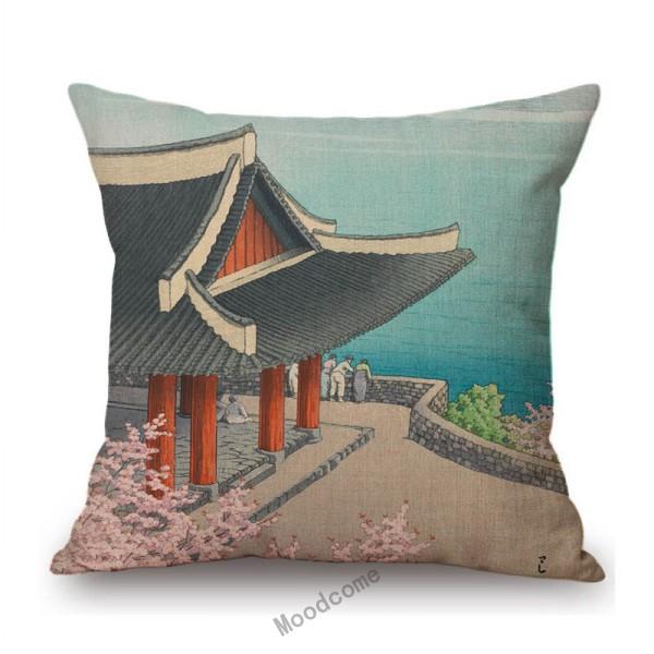 Kawase Hasui-Japanese Woodblock Pillow Case Ukiyo Mount Fuji Temple Beautiful Scenic Art Home Decorative Sofa Car Cushion Cover