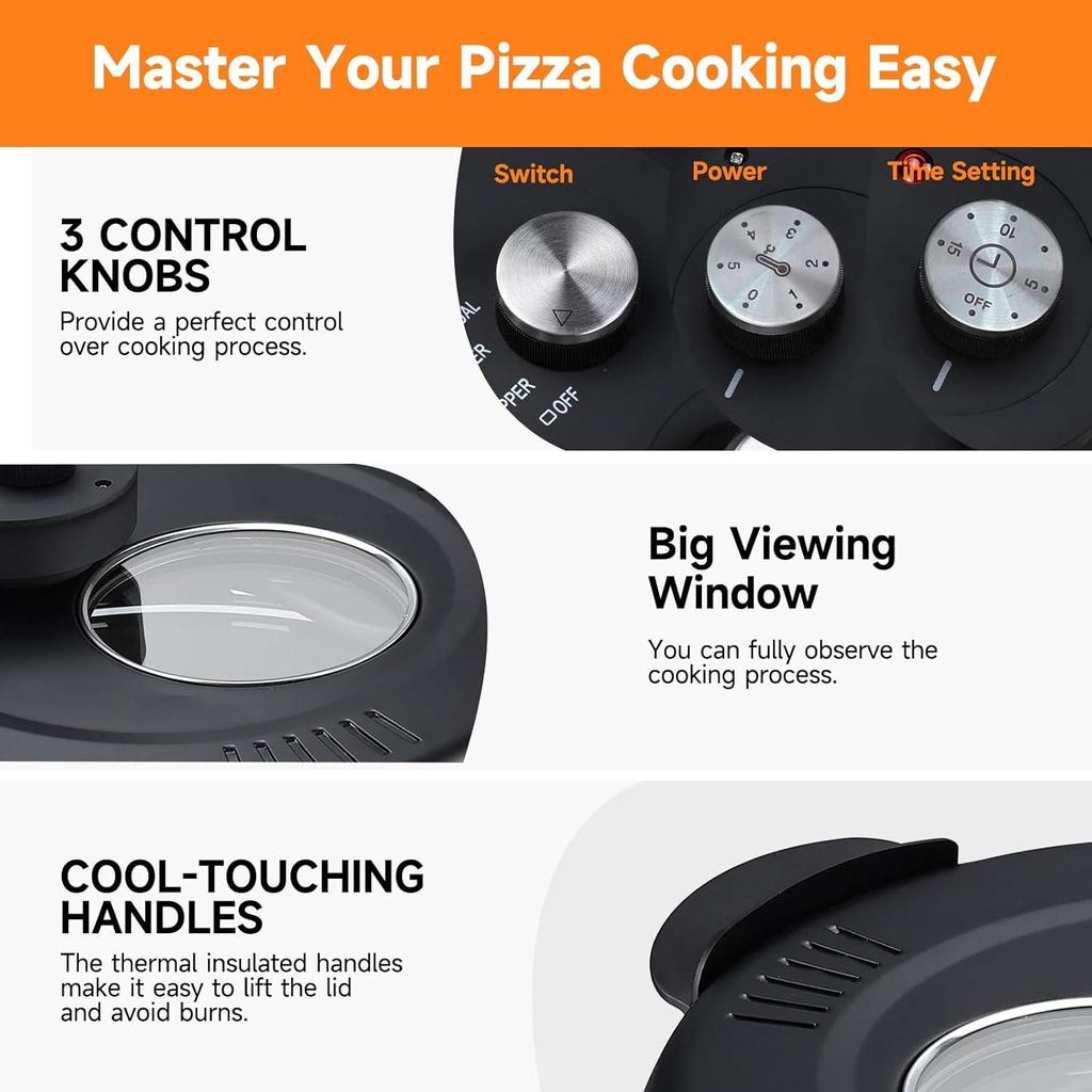 16-inch Pizza Oven, 1600W Countertop Pizza Machine, 420℃ Pizza Oven, Ceramic Stone Pizza Oven with Built-in Thermometer and Timer