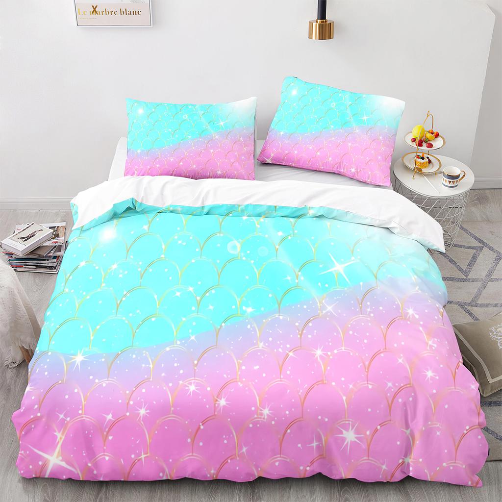 Mermaid Tail Duvet Cover King Queen Size Kids Fish Scales Bedding Set Girly Ocean Animal Princess 2/3pcs Polyester Quilt Cover