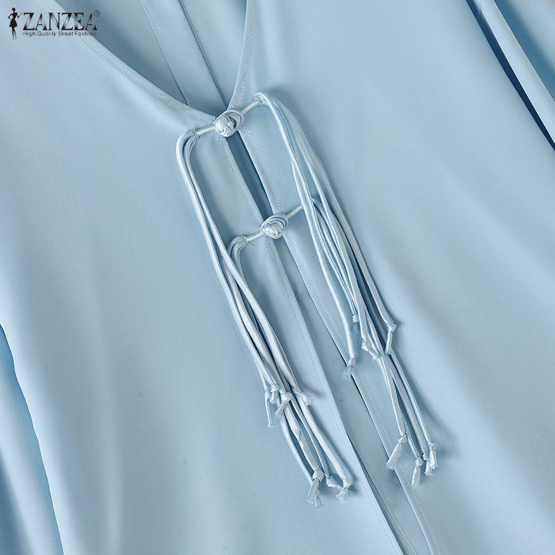 ZANZEA Women Casual Turn Down Collar Loose Backless Long Sleeve Blouse