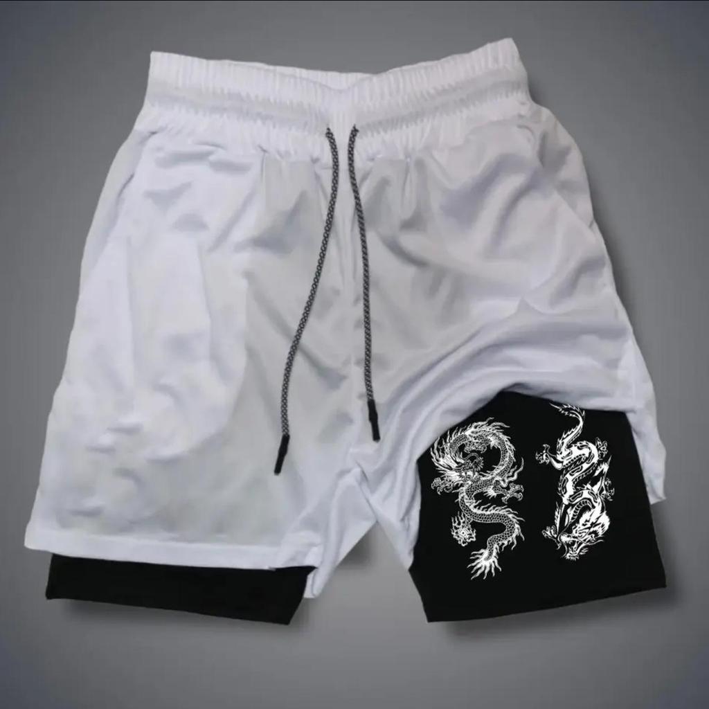 Trendiga Europeiska & Amerikanska Tecknade Tryck Andningsbara Dubbellagrade Sportshorts - Avslappnad Passform