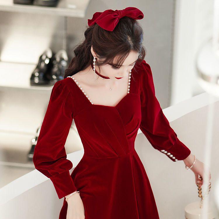 Bridal Toasting Dress 2025: New Winter Wedding-Engagement Long Sleeve Dress for Women