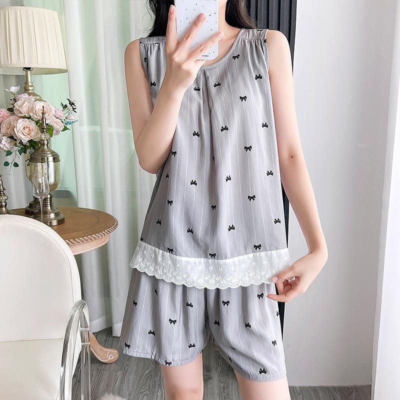 French pajamas sleeveless shorts loose ruffle edge suit women's summer anti-bumping cotton and silk loungewear can be worn outside