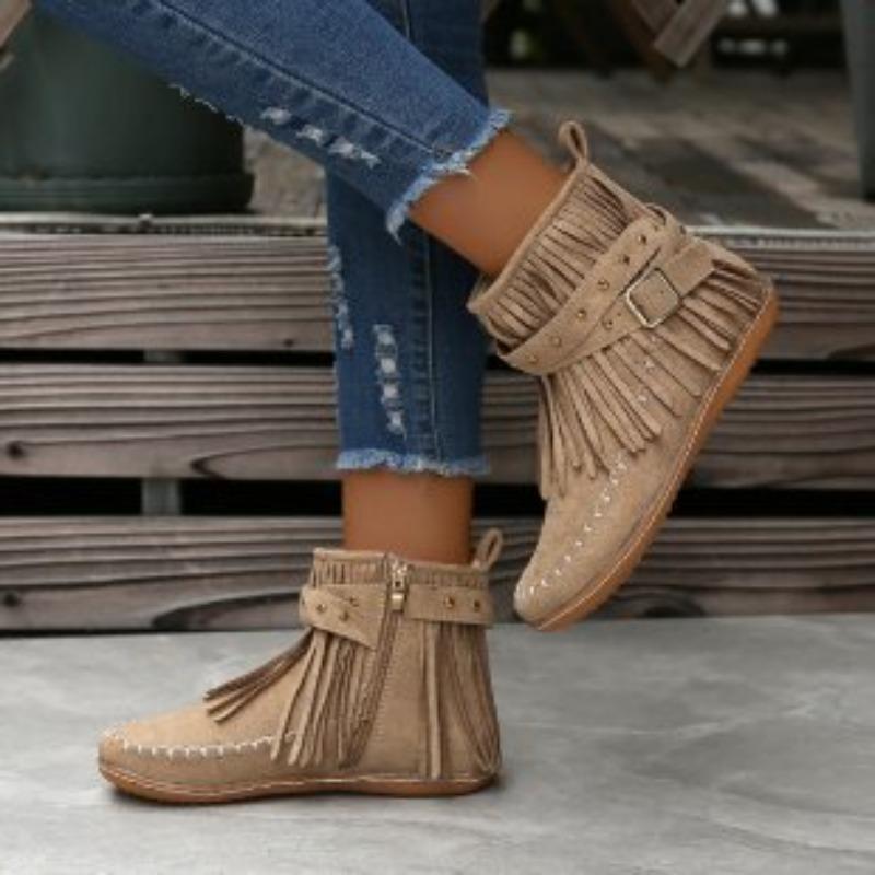 Short Boots Women's Double-layer Fringed Boots Women's Thangka Shoes Flat-soled Doudou Shoes Autumn New Side Zipper Velvet Women's Boots