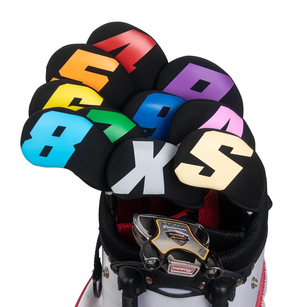 Golf Iron Cover Club Head Cover Set of 10 (4-9,P,A,S,X) Made of Neoprene Stretchy Large Numbers Black Base & Colorful Numbers