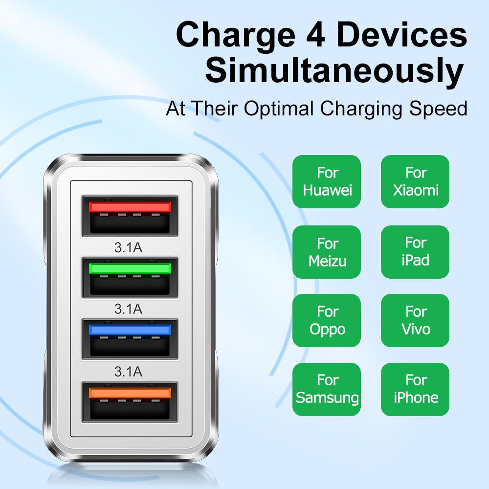 Colorful 4-USB 3A Travel Charger for Mobile Phones, Tablets - EU, US, UK Adapters