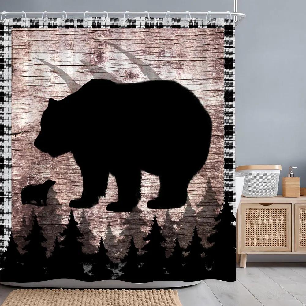 Vintage Brown Bear Shower Curtain Rustic Wooden Panel Texas Star Black And White Check Jungle Fabric Bath Curtain Bathroom Decor